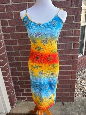 Absolutely Spaghetti Strap Ombre Paisley Midi Dress - Blue, Yellow, Red